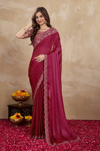 Purple Silk Blend Embroidered Saree With Unstitched Designer Blouse