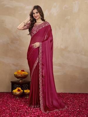 Purple Silk Blend Embroidered Saree With Unstitched Designer Blouse 1