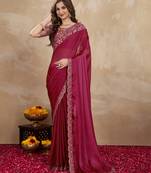 Trendmalls Purple Silk Blend Embroidered Saree With Unstitched Designer Blouse