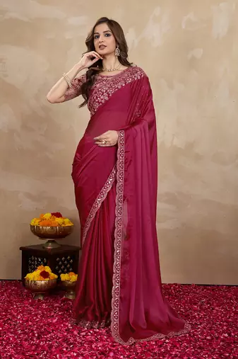 Trendmalls Purple Silk Blend Embroidered Saree With Unstitched Designer Blouse