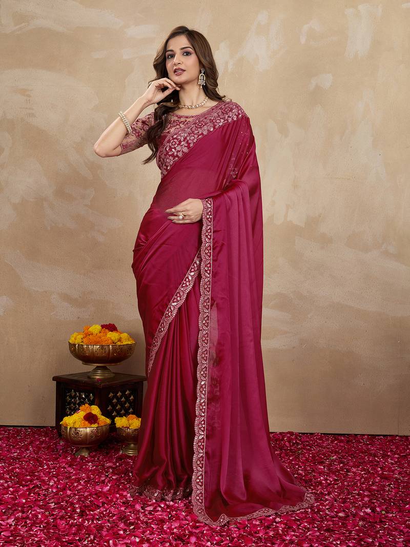 Purple Silk Blend Embroidered Saree With Unstitched Designer Blouse