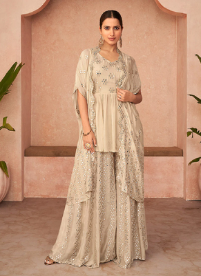 Beige embroidery georgette palazzo suit with dupatta for wedding festive wear 1