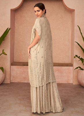 Beige embroidery georgette palazzo suit with dupatta for wedding festive wear 2