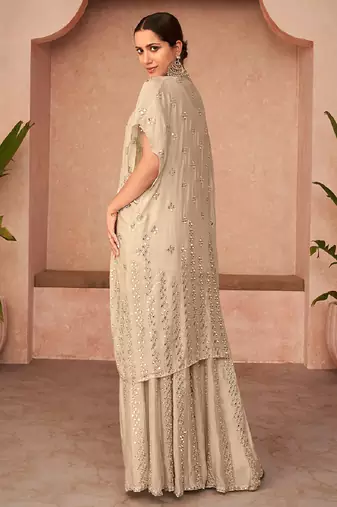 Beige embroidery georgette palazzo suit with dupatta for wedding festive wear