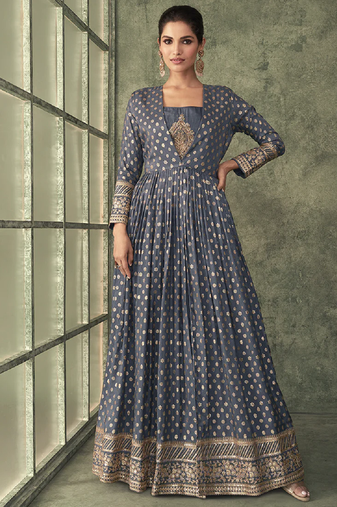 Charcoal grey viscose silk anarkali suit for wedding festive women's wear
