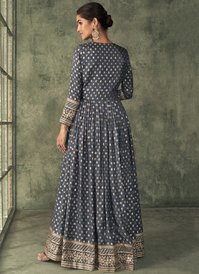 Charcoal grey viscose silk anarkali suit for wedding festive women's wear 2