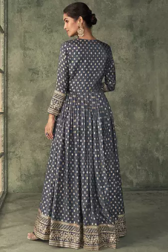 Charcoal grey viscose silk anarkali suit for wedding festive women's wear
