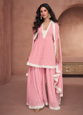Pink premium georgette printed thread sharara style suit with jacket style dupatta 1