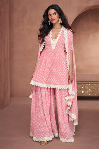 Pink premium georgette printed thread sharara style suit with jacket style dupatta
