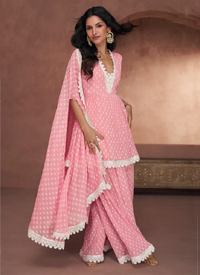 Pink premium georgette printed thread sharara style suit with jacket style dupatta 4
