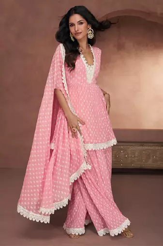Pink premium georgette printed thread sharara style suit with jacket style dupatta
