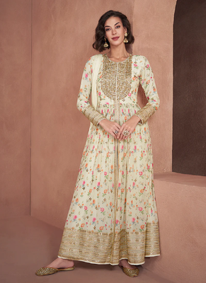 Off white floral print embroidery georgette front slit anarkali with dupatta 1