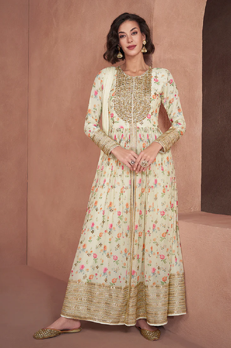 Off white floral print embroidery georgette front slit anarkali with dupatta