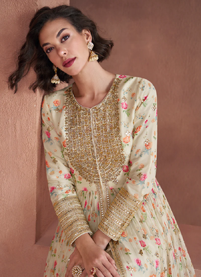 Off white floral print embroidery georgette front slit anarkali with dupatta 2