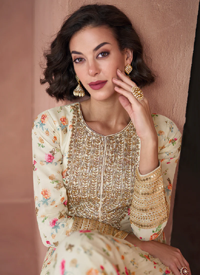 Off white floral print embroidery georgette front slit anarkali with dupatta 3