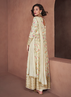 Off white floral print embroidery georgette front slit anarkali with dupatta 4