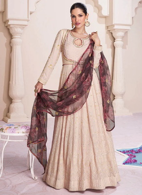 Beige lucknowi embroidery wedding anarkali gown with dupatta 1