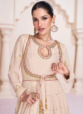 Beige lucknowi embroidery wedding anarkali gown with dupatta 2