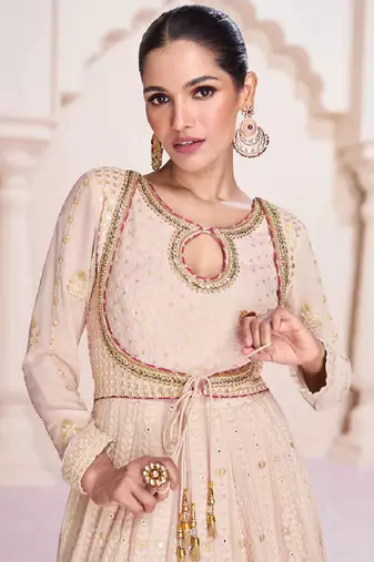 Beige lucknowi embroidery wedding anarkali gown with dupatta