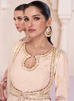 Beige lucknowi embroidery wedding anarkali gown with dupatta 3