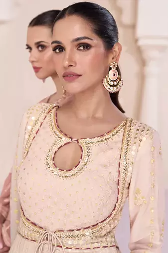 Beige lucknowi embroidery wedding anarkali gown with dupatta