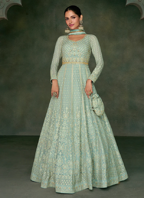 Sea green lucknowi embroidery wedding anarkali gown with dupatta 1