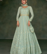 Sea green lucknowi embroidery wedding anarkali gown with dupatta