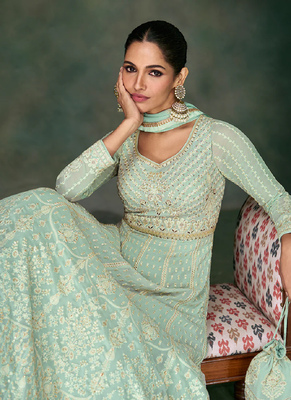 Sea green lucknowi embroidery wedding anarkali gown with dupatta 2
