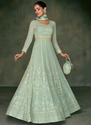 Sea green lucknowi embroidery wedding anarkali gown with dupatta 4