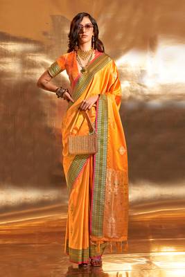 mustard pure satin silk blend jacquard woven saree with blouse 1