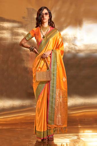 Mustard Pure Satin Silk Jacquard Woven Saree With Blouse