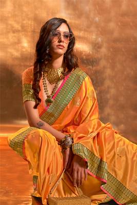 mustard pure satin silk blend jacquard woven saree with blouse 2