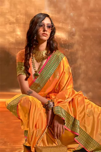 mustard pure satin silk blend jacquard woven saree with blouse