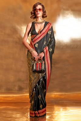 black pure satin silk blend jacquard woven saree with blouse 1
