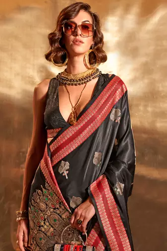 black pure satin silk blend jacquard woven saree with blouse