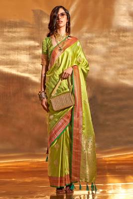 lightgreen pure satin silk blend jacquard woven saree with blouse 1