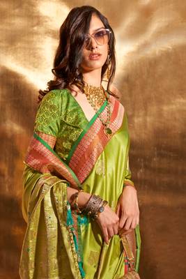 lightgreen pure satin silk blend jacquard woven saree with blouse 2