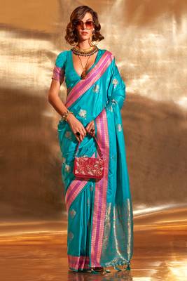 turquoise pure satin silk blend jacquard woven saree with blouse 1