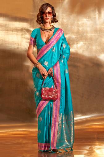 Turquoise Pure Satin Silk Jacquard Woven Saree With Blouse