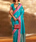 Turquoise Pure Satin Silk Jacquard Woven Saree With Blouse