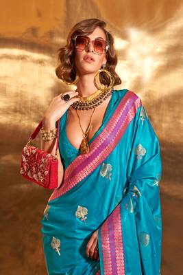 turquoise pure satin silk blend jacquard woven saree with blouse 2