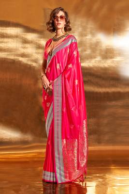 ranipink pure satin silk blend jacquard woven saree with blouse 1