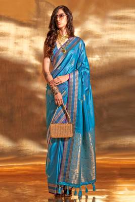 aqua blue pure satin silk blend jacquard woven saree with blouse 1
