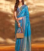Aqua Blue Pure Satin Silk Jacquard Woven Saree With Blouse