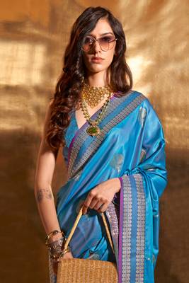 aqua blue pure satin silk blend jacquard woven saree with blouse 2
