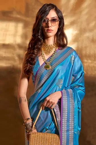 aqua blue pure satin silk blend jacquard woven saree with blouse
