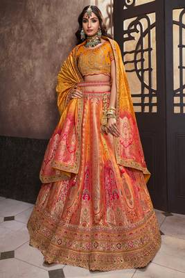 Mustard Silk Jaquard Woven with Heavy Thread Embroidery, Zari, Sequins With Diamond Work Lehenga Choli 1