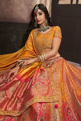 Mustard Silk Jaquard Woven with Heavy Thread Embroidery, Zari, Sequins With Diamond Work Lehenga Choli 2