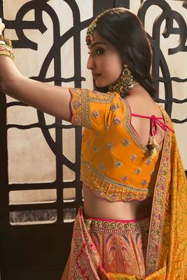 Mustard Silk Jaquard Woven with Heavy Thread Embroidery, Zari, Sequins With Diamond Work Lehenga Choli 3