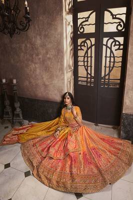 Mustard Silk Jaquard Woven with Heavy Thread Embroidery, Zari, Sequins With Diamond Work Lehenga Choli 4
